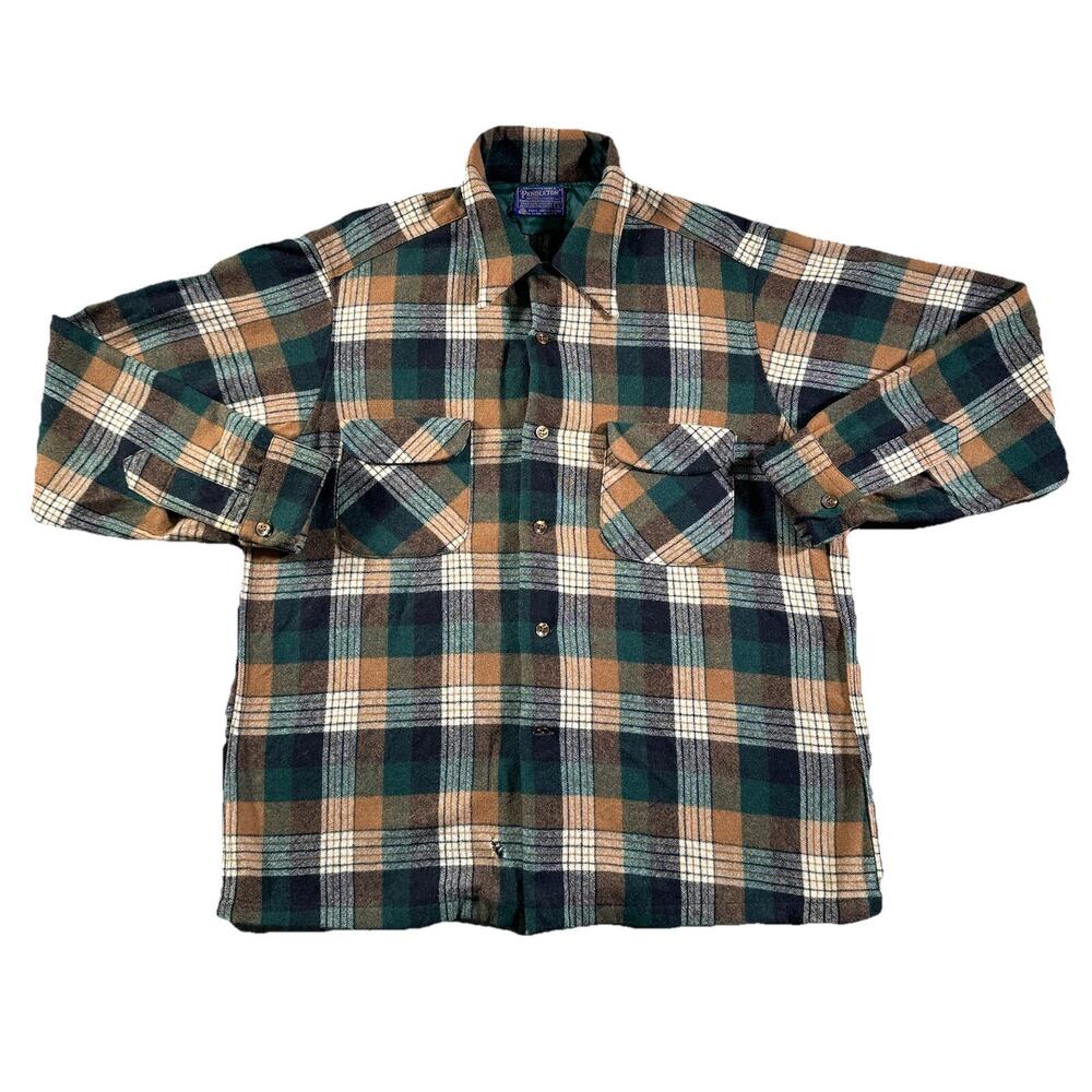 Vintage Pendleton Flannel Board Shirt Mens L Green Brown Loop Collar Virgin Wool